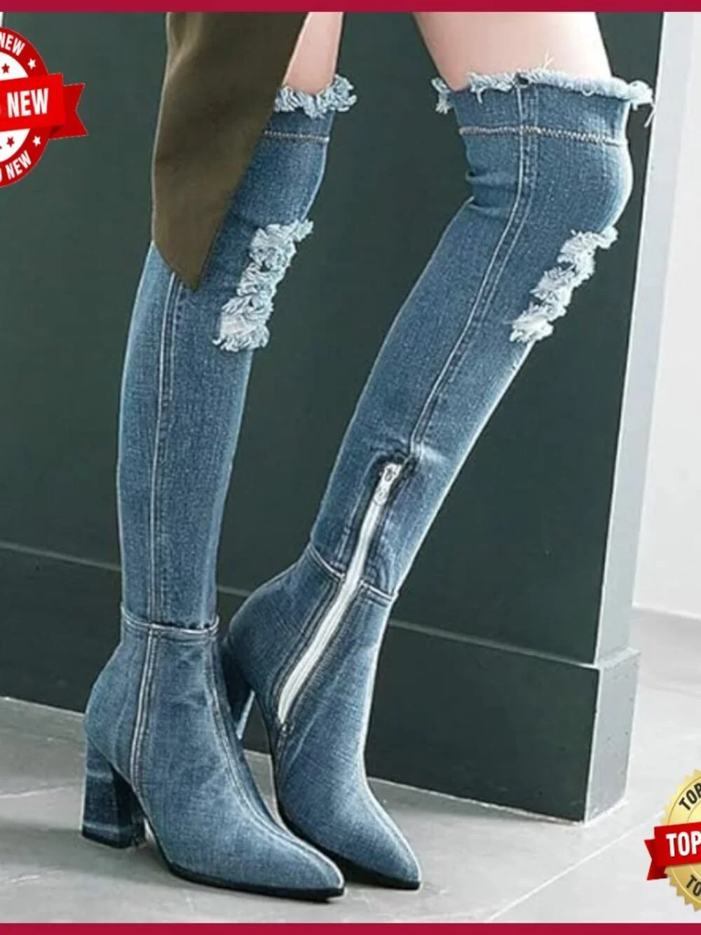 Denim Thigh High Boots Pointed Toe Block Heel Over The Knee